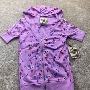 Blue Bird Womens Purple Waffle Knit Floral Heart Short Sleeve Zip Up Hoodie M